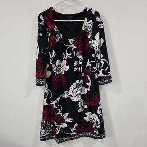 White House Black Market Black Floral Midi Dress with Burgundy and White Accents